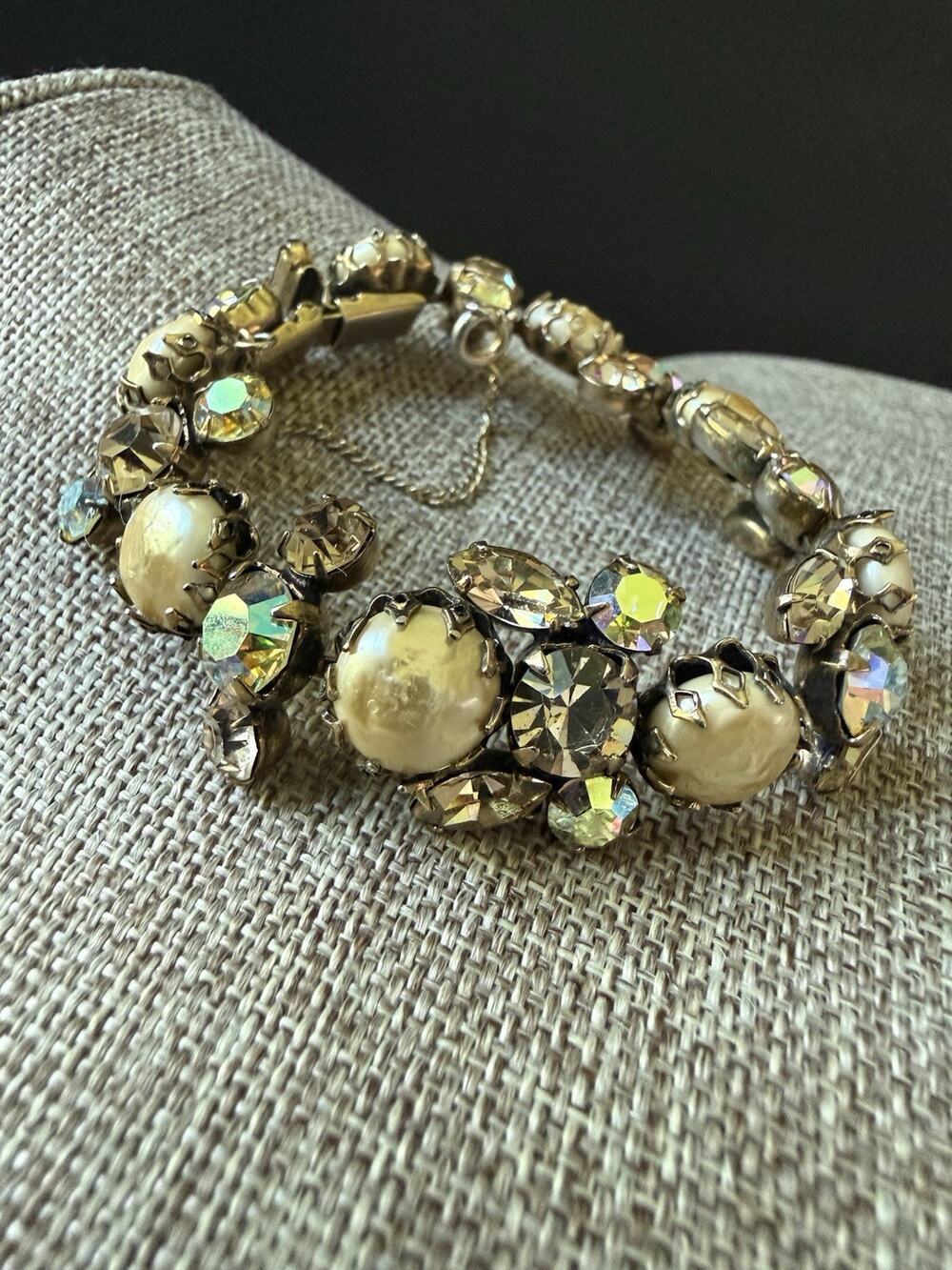 Vintage Regency Bracelet Yellow Gold Lava Rock Cabochon AB Rhinestones Gold Tone